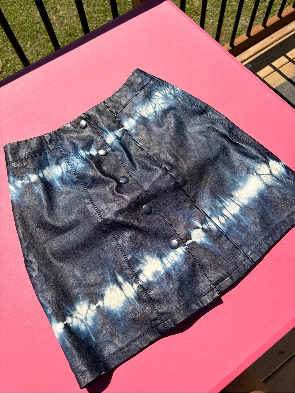 Zara Leather Tie-Dye Black & White Button-Front Mini Skirt